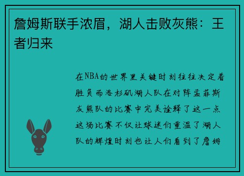 詹姆斯联手浓眉，湖人击败灰熊：王者归来